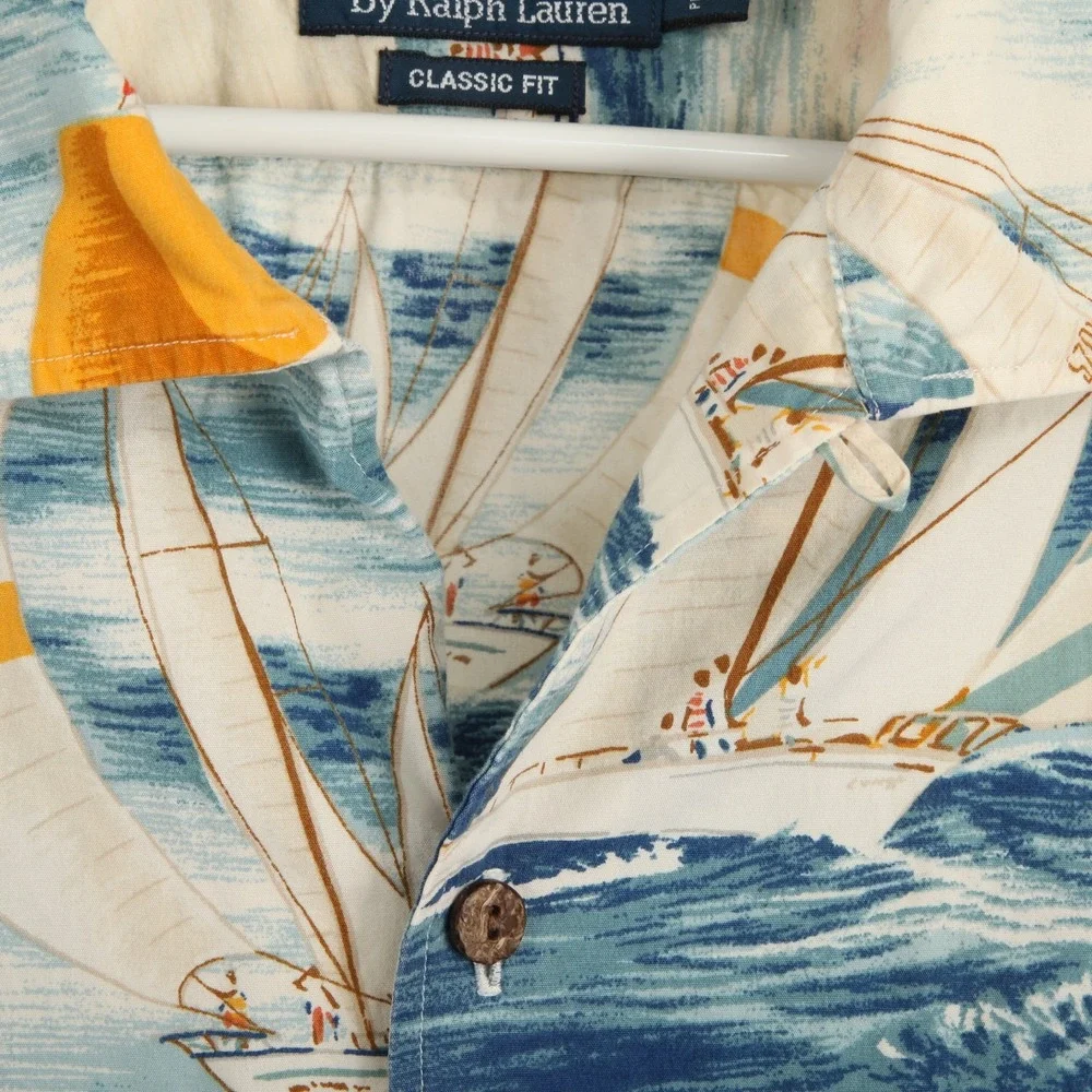 Polo Ralph Lauren Sailboat Shirt Men Large Blue Nautical Print Loop Collar